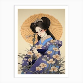 Hanashobu Japanese Water Iris 4 Vintage Japanese Botanical And Geisha Art Print