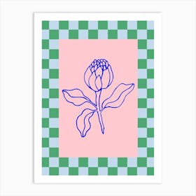 Modern Checkered Flower Poster Blue & Pink 5 Art Print