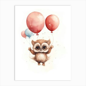 Baby Owl Flying With Ballons, Watercolour Nursery Art 4 Art Print