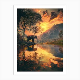 Elephant In The Forest At Sunset Art Print