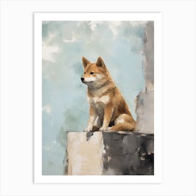 Shiba Inu Dog, Painting In Light Teal And Brown 2 Art Print