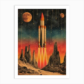 Space Odyssey: Retro Poster featuring Asteroids, Rockets, and Astronauts: Space Rocket Launch 2 Art Print