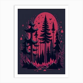 A Fantasy Forest At Night In Red Theme 25 Art Print