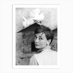 Audrey with Doves, Vintage Black and White Old Photo Art Print