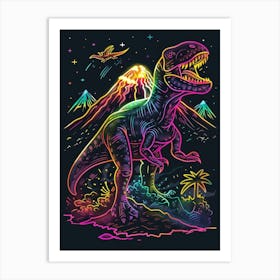 Neon Dinosaur With Volcano 2 Art Print