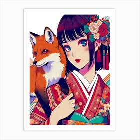 Pretty Anime Girl with Fox 3 Art Print