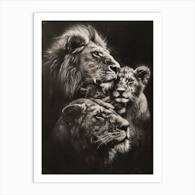 African Lion Charcoal Drawing Family Bonding 3 Art Print