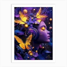 Woman With Headphones And Butterflies Art Print