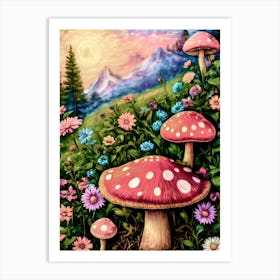Mushrooms In The Meadow ~ Hippie Red Toadstools Flower Power Art Print By Free Spirits and Hippies Official Wall Decor Artwork Hippy Bohemian Meditation Room Typography Groovy Trippy Psychedelic Boho Yoga Chick Gift For Her Art Print