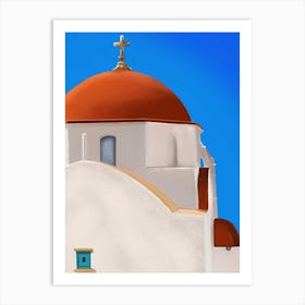 The Red Dome Chruch In Mykonos Santorini Art Print