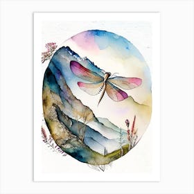 Dragonfly Flying Across Mountains Watercolour Ink Pencil 2 Art Print