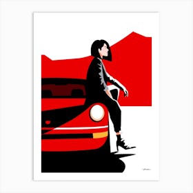 Woman sitting on a Classic Porsche 911 - carmine red - vintage retro Art Print