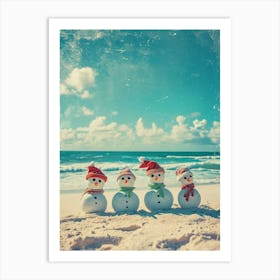 Snowmen On The Beach Retro Photo 3 Art Print