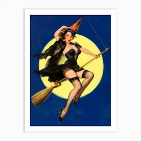 Witch Riding A Broomstick Pin Up Girl, Halloween, Full Moon, Retro Vintage Art Art Print