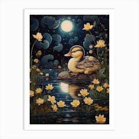 Floral Ornamental Ducklings At Night 2 Art Print