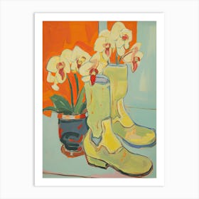 Painting Of Orange Flowers And Cowboy Boots, Oil Style 6 Art Print