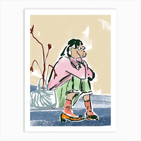 Woman sitting on stairs Art Print