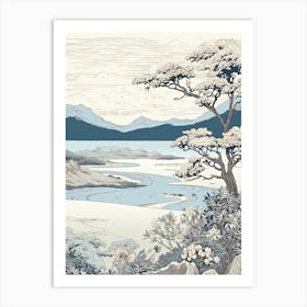 Shiretoko Peninsula In Hokkaido, Ukiyo E Black And White Line Art Drawing 3 Art Print