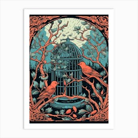 Bird Cage Linocut 1 Art Print