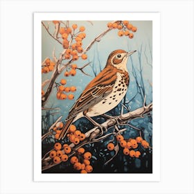 Vintage Bird Linocut Hermit Thrush 4 Art Print