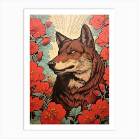 Red Wolf Vintage Woodblock 1 Art Print