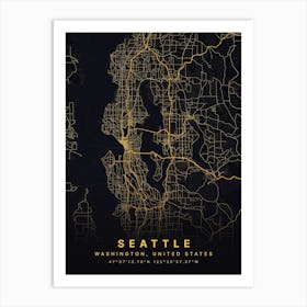 Seattle Washington USA Black And Gold Map Art Print