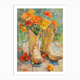 Cowboy Boots And Wildflowers Poppies Art Print