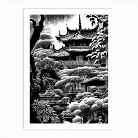 Yuyuan Garden, China Linocut Black And White Vintage Art Print