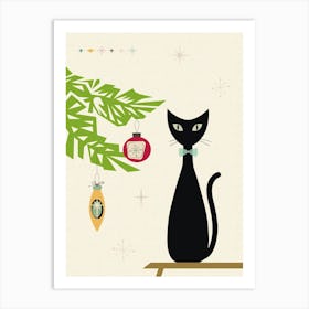 Mid Century Modern Christmas Cat Art Print