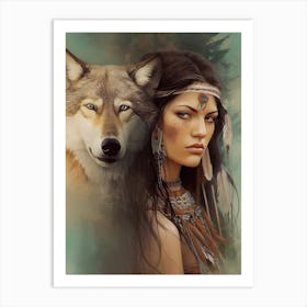 MusKogee Creek Native American Woman With A Wolf 1 Art Print