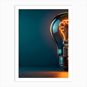 A Vintage Light Bulb With A Glowing Filament, Casting A Warm Orange Glow On A Dark Blue Background Art Print