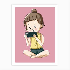 Girl Using Mobile Phone Art Print