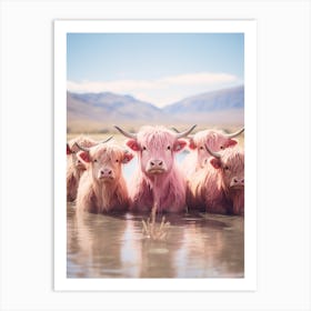 Highland Cows In The River Pink Realistic Photography  1 Art Print