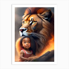 fire lion and baby girl 1 Art Print