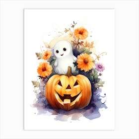 Cute Ghost With Pumpkins Halloween Watercolour 90 Art Print