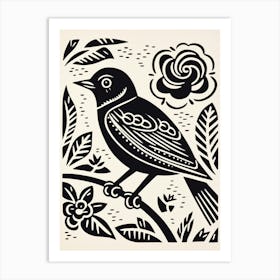 B&W Bird Linocut Sparrow 4 Art Print