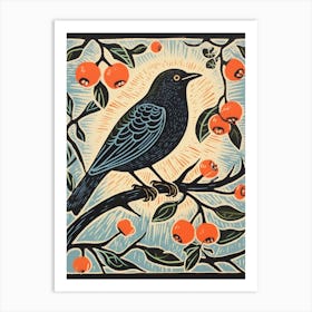 Vintage Bird Linocut Cowbird 6 Art Print