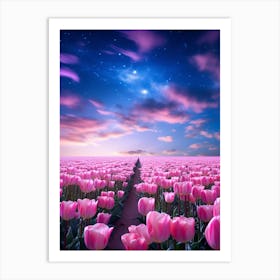 Pink Tulips Field At Night Art Print