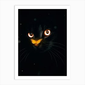 Black Cat Portrait And Orange Butterfly Art Print