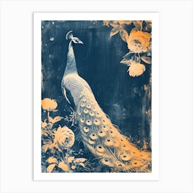 White Orange Blue Cyanotype Inspired Peacock 4 Art Print