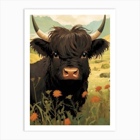 Animated Black Bull In Floral Meadow Art Print