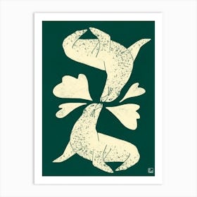 Seals In Love On Green Background Art Print