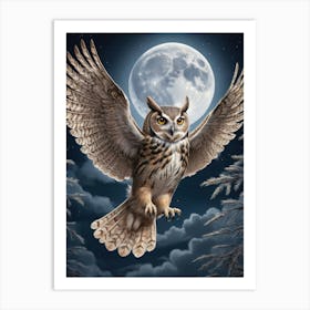 Owl In Flight Full Moon Wildlife Art Print