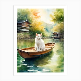 White Cat In A Boat Art Print