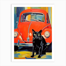 Volkswagen Beetle Vintage Car With A Cat, Matisse Style Painting 0 Art Print