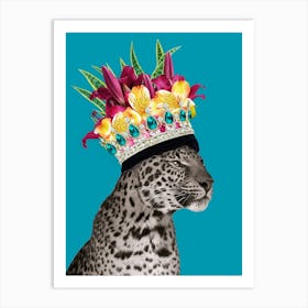 Royal Leopard Wearing Floral Crown In Blue Art Print