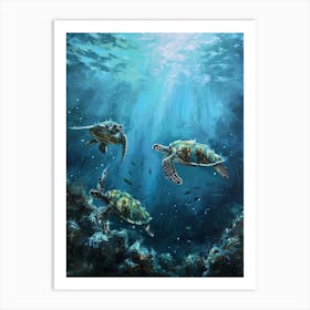 Sea Turtles Illuminated By The Light Underwater 8 Art Print