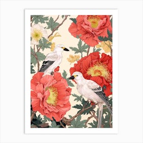 Peony And Birds Vintage Japanese Botanical Art Print