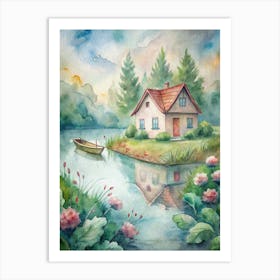 Watercolor House On The Lake Art Print