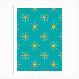 Sunny Days Teal And Yellow Radiant Sunburst Pattern Art Print